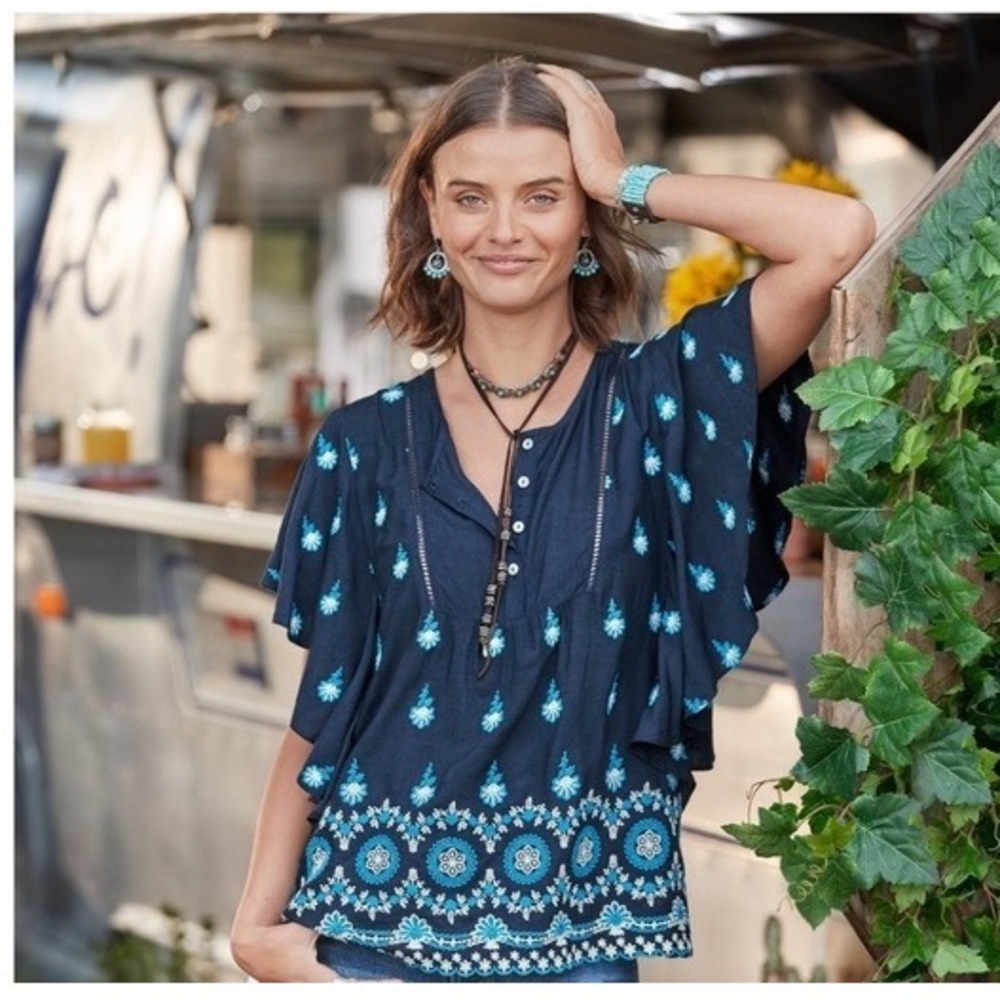 Sundance Embroidered Flutter Sleeve Tunic Top S‎ Boho Chic Cottage Peasant Girly